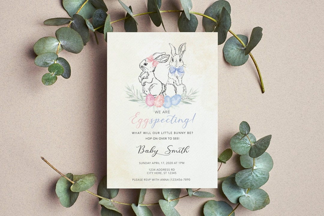 Eggspecting Easter Bunny Gender Reveal Rustic Invitations Etsy
