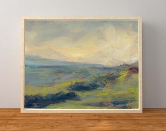 Print of an Oil Painting Abstract Landscape Impressionist Clouds Green Fields Grey Blue Sunset Yellow Sky Unframed Wall Art Print