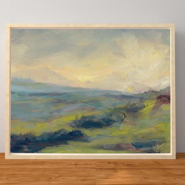 Print of an Oil Painting Abstract Landscape Impressionist Clouds Green Fields Grey Blue Sunset Yellow Sky Unframed Wall Art Print