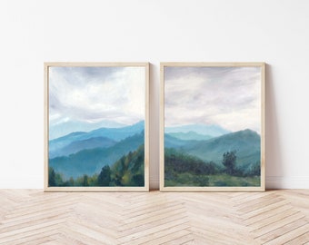 Set of 2 Prints of Oil Paintings Virginia Landscape Green Field Sky Cloud Trees Blue Ridge Mountains Nature Unframed Wall Art 10x8 14x11 in