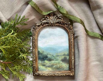 Framed Original Landscape Oil Painting Vintage Frame Meadow Blue Ridge Mountains Art 4x6 inches