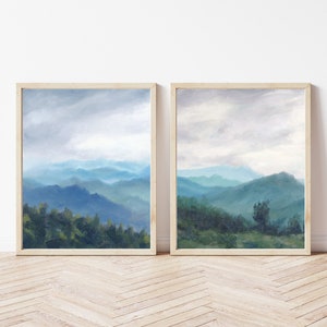 Set of 2 Prints of Oil Paintings Virginia Landscape Green Field Sky Cloud Trees Blue Ridge Mountains Nature Unframed Wall Art 10x8 14x11 in