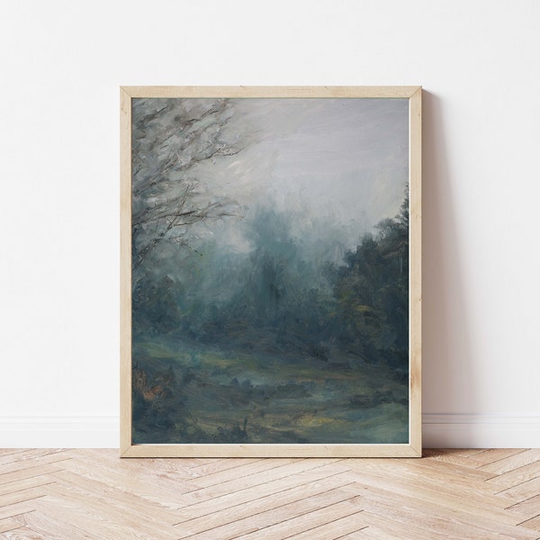 Print of an Oil Painting Abstract Landscape Impressionist Misty Morning Fog Grey Blue Green Rain Clouds Unframed Wall Art 7x5 10x8 14x11 in