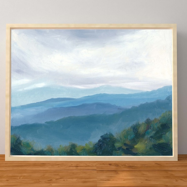 Impresión de una pintura al óleo Paisaje de Virginia Campo verde Cielo azul Nube Árboles Montañas azules Naturaleza Sin marco Arte de la pared Decoración 8x10 11x14 pulgadas
