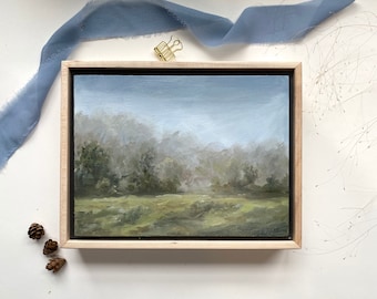 Small Original Tennessee Landscape Oil Painting Moody Foggy Rainy Cloudy Blue Sky Green Fields Blue Ridge Mountains Unframed Wall 6x8 inches