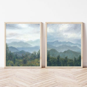 Set of 2 Prints of Oil Paintings Virginia Landscape Green Field Sky Cloud Trees Blue Ridge Mountains Nature Unframed Wall Art 10x8 14x11 in