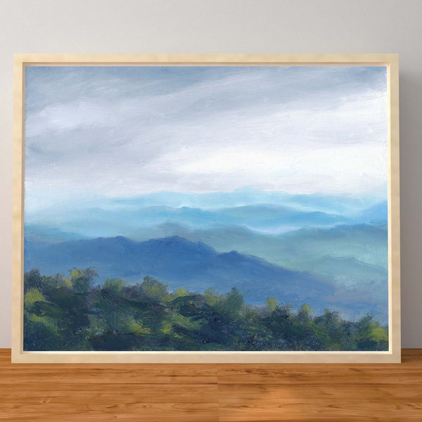 Print of an Oil Painting Virginia Landscape Sunset Clouds Blue Mountains Green Fields Grey Purple Sky Trees Unframed Wall Canvas Print