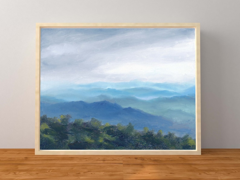 Print of an Oil Painting Virginia Landscape Sunset Clouds Blue Mountains Green Fields Grey Purple Sky Trees Unframed Wall Canvas Print image 1