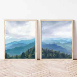 Set of 2 Prints of Oil Paintings Virginia Landscape Green Field Sky Cloud Trees Blue Ridge Mountains Nature Unframed Wall Art 10x8 14x11 in