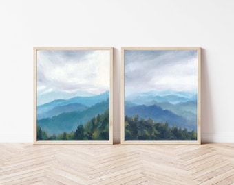 Set of 2 Prints of Oil Paintings Virginia Landscape Green Field Sky Cloud Trees Blue Ridge Mountains Nature Unframed Wall Art 10x8 14x11 in