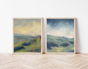 Set of 2 Prints of Oil Painting Abstract Landscape Impressionist Grey Blue Sunset Yellow Sky Unframed Wall Art Print 10x8 14x11 in