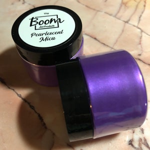 May include: A small jar of purple pearlescent mica pigment labeled "Boom Art Products Pearlescent Mica 15g".