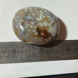 May include: A polished, oval-shaped stone with a speckled pattern in shades of white, brown, and orange. A metal ruler is placed next to the stone, with measurements in inches.