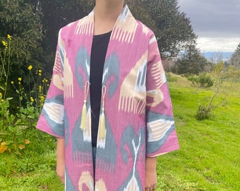 Boho Style Long Jacket, Kimono, 100% Cotton, Ikat Kaftan, Light Spring Coat