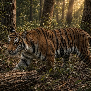 Könnte beinhalten: Ein Tiger mit orangefarbenem Fell und schwarzen Streifen läuft durch einen Wald. Der Tiger ist im Profil zu sehen und bewegt sich an einem umgestürzten Baumstamm vorbei. Die Umgebung besteht aus Bäumen und niedriger grüner Vegetation.