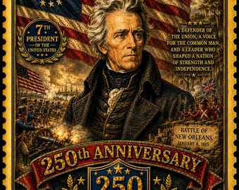 Andrew Jackson, 7. prezydent, grafika ścienna, bitwa pod Nowym Orleanem, historia Ameryki, patriotyczny prezent USA, 250. rocznica
