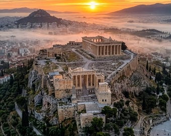 アクロポリス、アテネ、ギリシャ、パルテノン神殿、日の出、古代建築、ユネスコ世界遺産、印刷可能な壁掛けアート装飾