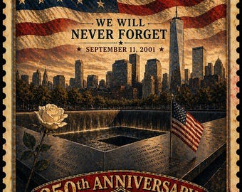 9/11 - アメリカ建国250周年記念ヴィンテージ切手アート - 印刷可能 - アメリカ愛国壁装飾