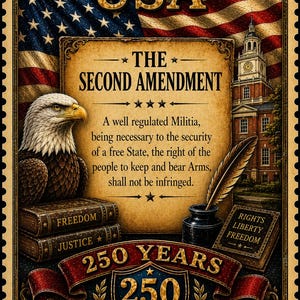 May include: A commemorative poster featuring the text RATIFIED 1791, USA, THE SECOND AMENDMENT, and the full amendment text. It includes a bald eagle, two books labeled FREEDOM and JUSTICE, an inkwell with a quill, and a building, all framed in a stamp border.