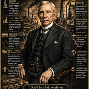 Può includere: Un ritratto di John D. Rockefeller in abito scuro, circondato da testo che descrive la sua vita, i risultati industriali e la filantropia. Lo sfondo mostra raffinerie di petrolio e il poster include la citazione, Don't be afraid to give up the good to go for the great.