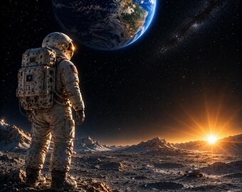 月面歩行ウォールアート、宇宙飛行士、地球の出、月面風景、宇宙装飾、天文学、SF、印刷可能、デジタルダウンロード