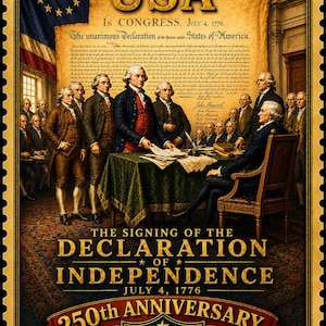 May include: A commemorative postage stamp design featuring the signing of the Declaration of Independence. Text includes 1776-2026, USA, The Signing of the Declaration of Independence, July 4, 1776, 250th Anniversary, 250 Years, and American Independence.