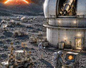 月面基地の壁掛けアート、月面観測所のポスター、宇宙探査、天文学のプリント、SFデジタルダウンロード