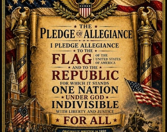 Pledge of Allegiance Wall Art 250th Anniversary Patriotic USA Flag Vintage Poster Decor Print