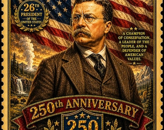 Plakat z Theodore'em Rooseveltem, 26. prezydent, grafika ścienna, wydruk z okazji 250. rocznicy, dekoracja z historii Ameryki, patriotyczny prezent z USA, jakość muzealna