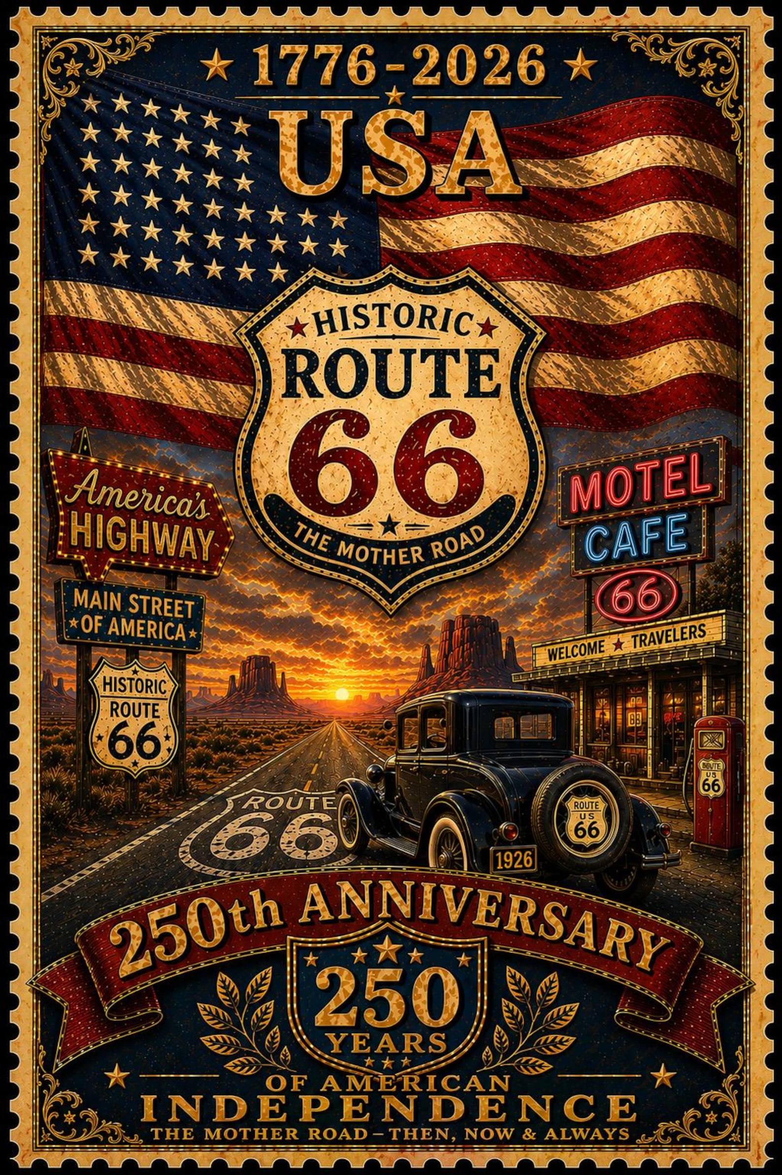 Route 66 Wall Art USA 250th Anniversary Vintage Poster American Highway ...