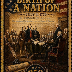 May include: A vintage-style print commemorating the 250th anniversary of the Birth of a Nation. The image features the American flag, historical figures, and text including "July 4, 1776" and "250 Years of Freedom."