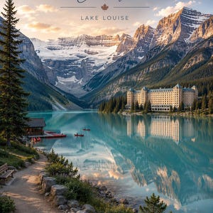 May include: A scenic landscape of Lake Louise in Banff, Canada, with the text "BANFF Canada Lake Louise" at the top. The image features a turquoise lake, mountains, a hotel, trees, and a pathway.
