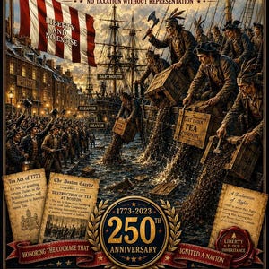 May include: A commemorative poster depicting the Boston Tea Party of 1773. The scene shows individuals dumping tea crates into the harbour from ships labelled Dartmouth, Eleanor, and Beaver. Text includes historical dates, quotes, and a 250th anniversary emblem.