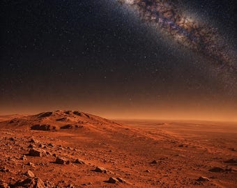 火星の風景ウォールアート｜赤い惑星、砂漠、天の川（デジタルダウンロード）