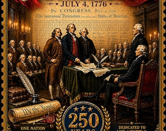 アメリカ合衆国建国 - ヴィンテージポスター - 250周年記念 - 愛国的な壁掛けアート - 独立宣言の場面