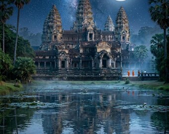 アンコールワットの月明かりに照らされた寺院、カンボジアの夜空に映る満月、幻想的な壁画