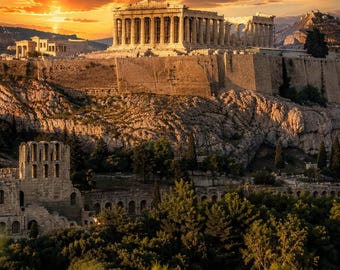 アクロポリス、アテネ、ギリシャ、パルテノン神殿、黄金の夕日、古代遺跡、ユネスコ世界遺産、印刷可能な壁掛けアート
