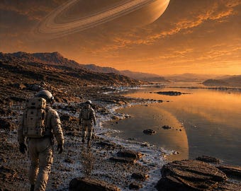 土星の壁アート、タイタンの月のポスター、環のある惑星の風景、天文学の装飾、印刷可能なデジタルダウンロード