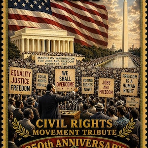 May include: A commemorative stamp design featuring the text 1776-2026 USA, depicting the 1963 March on Washington with a large American flag, the Lincoln Memorial, and the Washington Monument. Signs read Equality Justice Freedom, We Shall Overcome, and more.