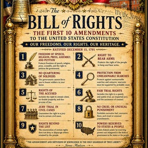May include: A decorative poster titled The Bill of Rights, featuring the US flag, a bald eagle, the Liberty Bell, and Independence Hall. It lists the first 10 amendments with icons and text, plus a timeline of 1776, 1787, 1789, and 1791.