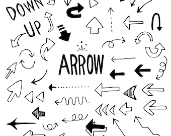May include: A collection of hand-drawn black arrows pointing in various directions. The word "ARROW" is written in bold, black letters in the center of the image.