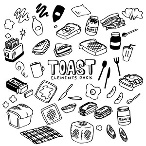 Könnte beinhalten: Schwarz-Weiß-Illustration von Toastelementen. Enthält Toast, Sandwiches, Honig, Butter, Utensilien und den Text "TOAST ELEMENTS PACK". Ideal für Designs zum Thema Frühstück.