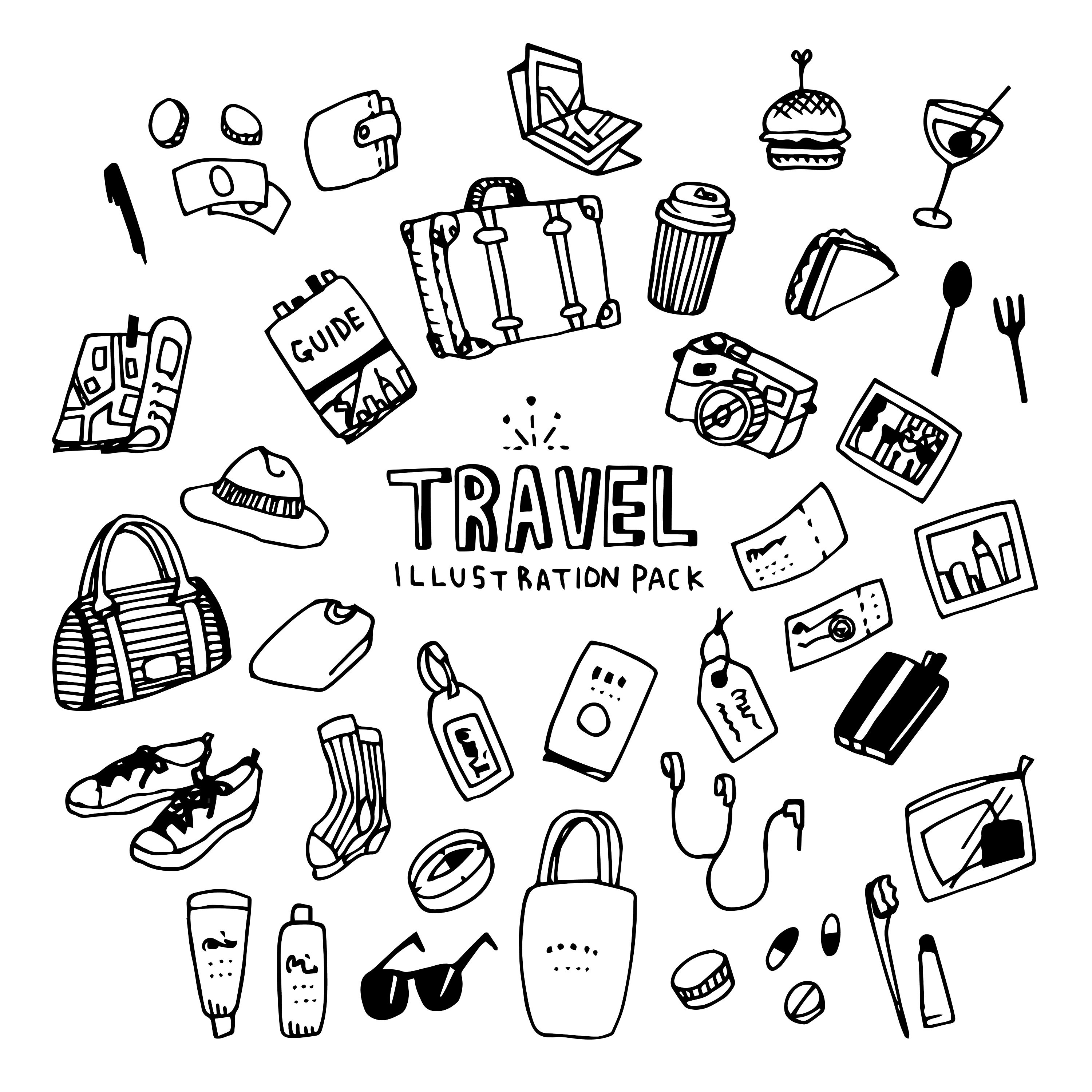 Conjunto de elementos de viaje dibujados a mano en el estilo de dibujo de  doodle. t ilustración para cualquier diseño web.