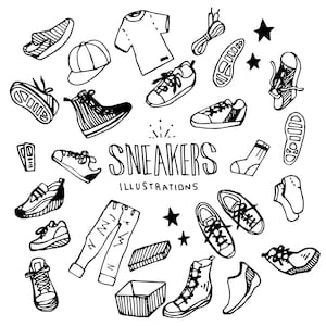 May include: Black and white line drawing illustration of various sneakers, shoes, socks, jeans, and other accessories. The text "SNEAKERS ILLUSTRATIONS" is included in the image.