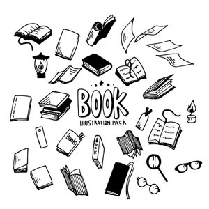 May include: Black and white hand-drawn illustrations of various books, reading glasses, a magnifying glass, a candle, and a bookmark. The text "BOOK ILLUSTRATION PACK" is included in the image.