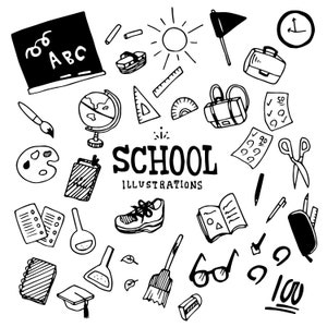 May include: Black and white doodle illustrations of school supplies, including a globe, a ruler, a pencil, a paint palette, a backpack, a book, a pair of glasses, a clock, a flag, a shoe, a paintbrush, a calculator, a notebook, a pencil case, a pair of scissors, a magnifying glass, a graduation cap, and a chalkboard with the letters "ABC" written on it. The text "SCHOOL ILLUSTRATIONS" is written in the centre of the image.