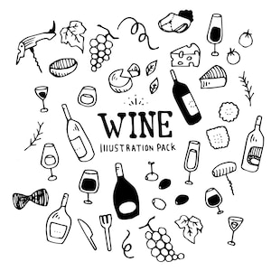 May include: Black and white line art illustrations of wine-related items, including bottles, glasses, grapes, corkscrews, and cheese. The text "WINE ILLUSTRATION PACK" is in the centre of the image.