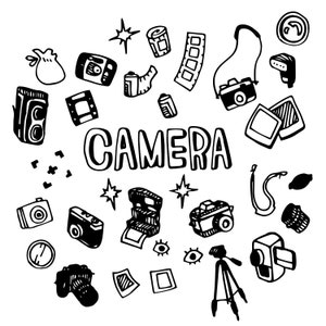 May include: Black and white line drawing illustration of various camera equipment, including film cameras, instant cameras, a tripod, film rolls, and a flash. The word "CAMERA" is written in large letters at the centre of the image.