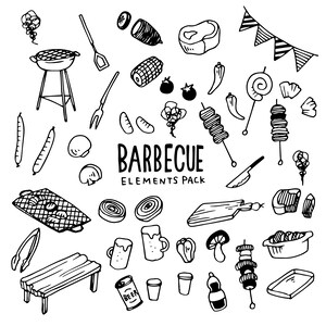 May include: Black and white hand-drawn illustrations of various barbecue elements, including a grill, skewers, food, drinks, and a picnic table. The text "BARBECUE ELEMENTS PACK" is included in the image.