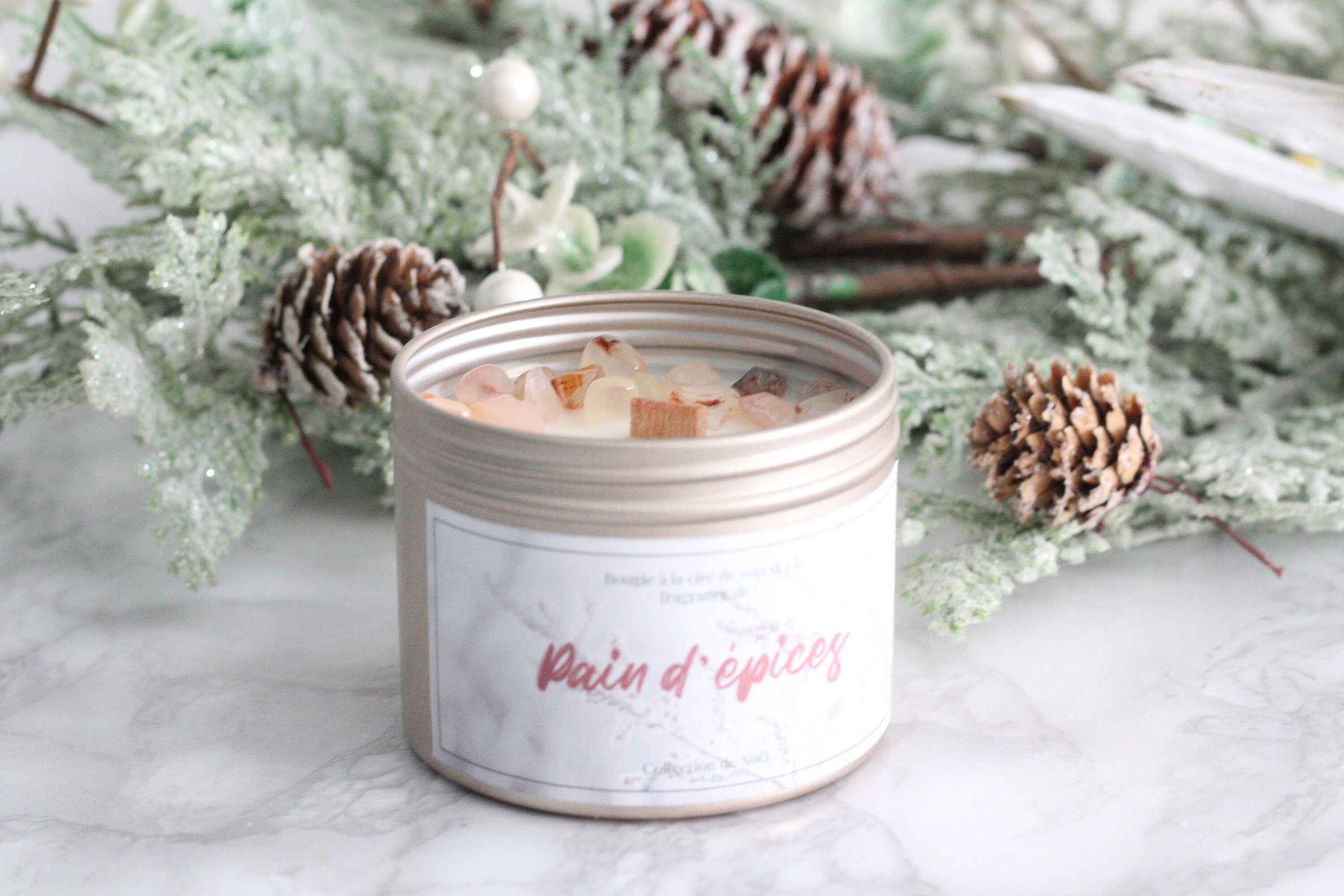 Bougie Pain d'epices, Bougie Cire de Soja, Christmas Candle, Agate Blanche, Pierres Semi Précieuses,